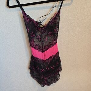 ​Dreamgirl Black & Neon Pink Lace Cutout Teddy Bodysuit - Size XL